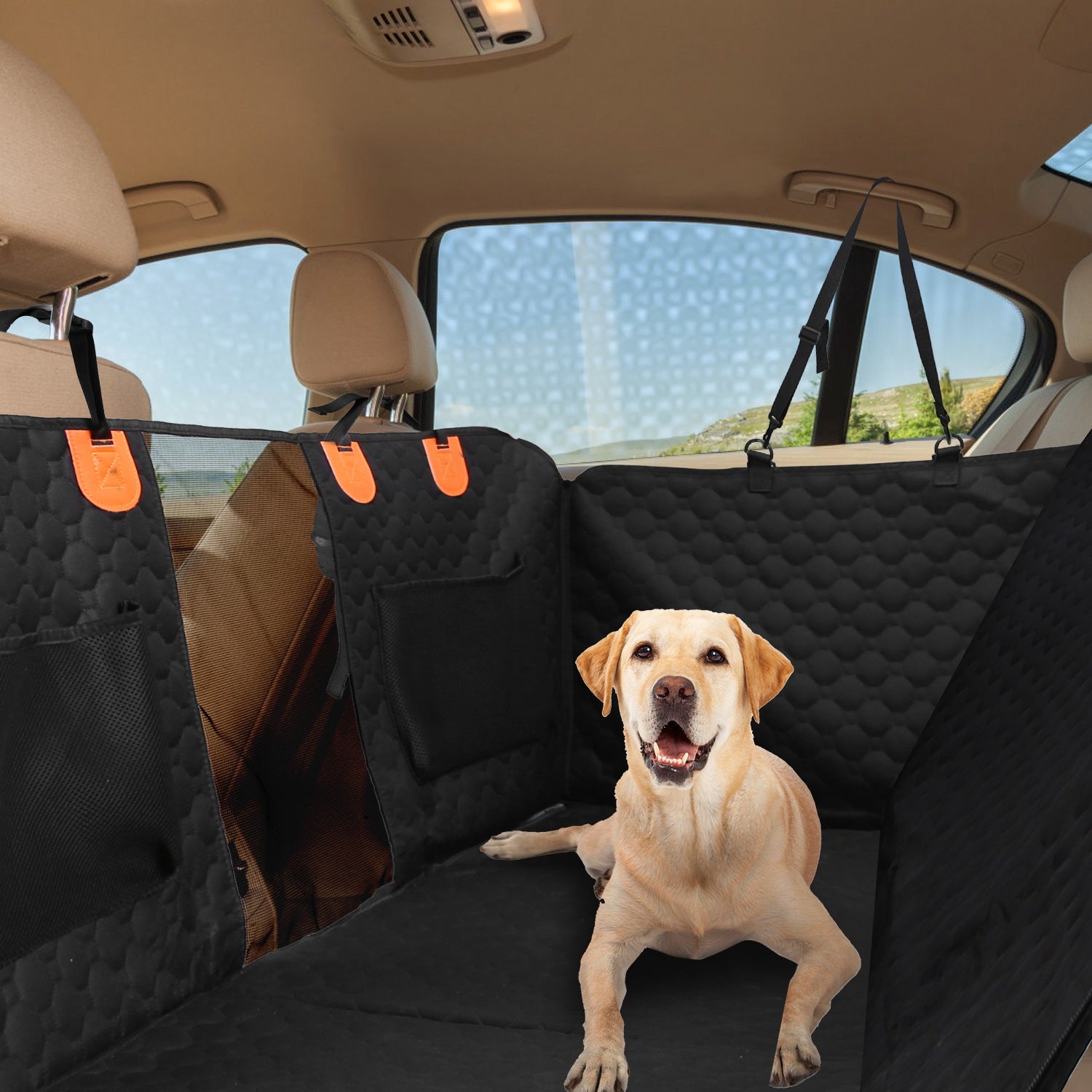 Dog Car Back Seat Cover With Zipper Mesh Window Storage Bags Waterproof 600D Oxford Cloth Car Seat Protector With Slide Flaps For Cars Trucks SUVs