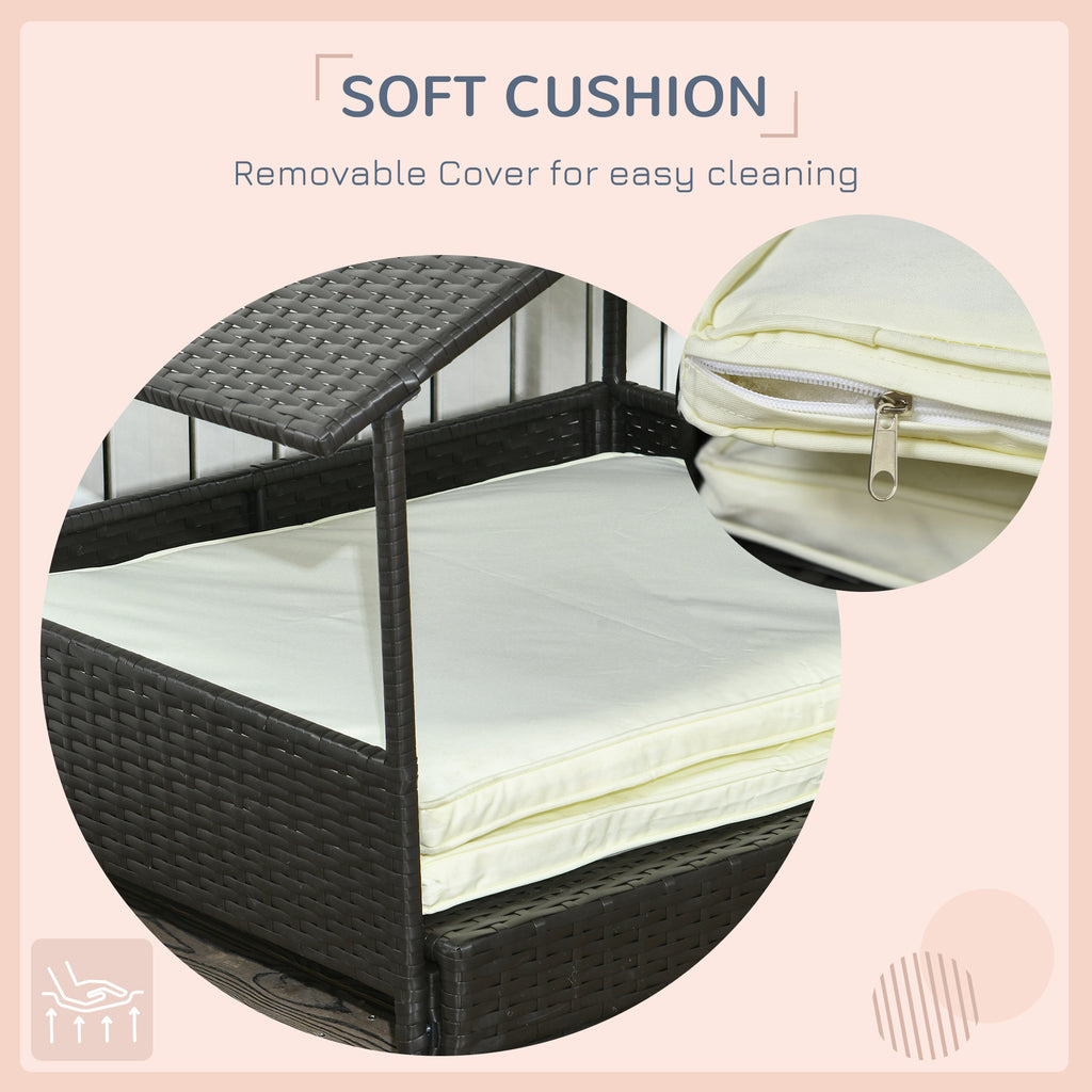 Outdoor Dog Bed Extendable Wicker Dog Bed w/ Waterproof Roof, Soft Cushion, for Small and Medium Dogs, Cream White