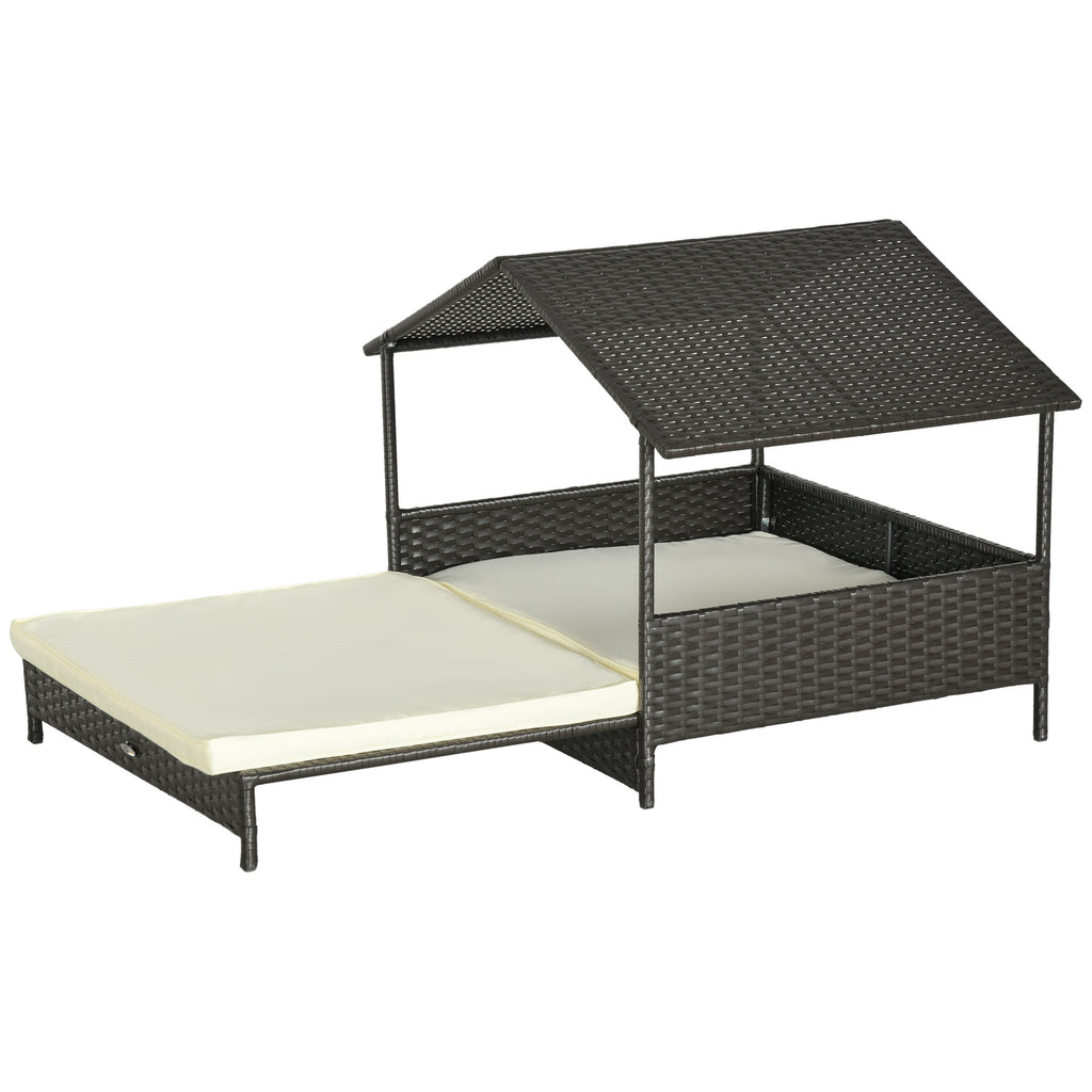 Outdoor Dog Bed Extendable Wicker Dog Bed w/ Waterproof Roof, Soft Cushion, for Small and Medium Dogs, Cream White