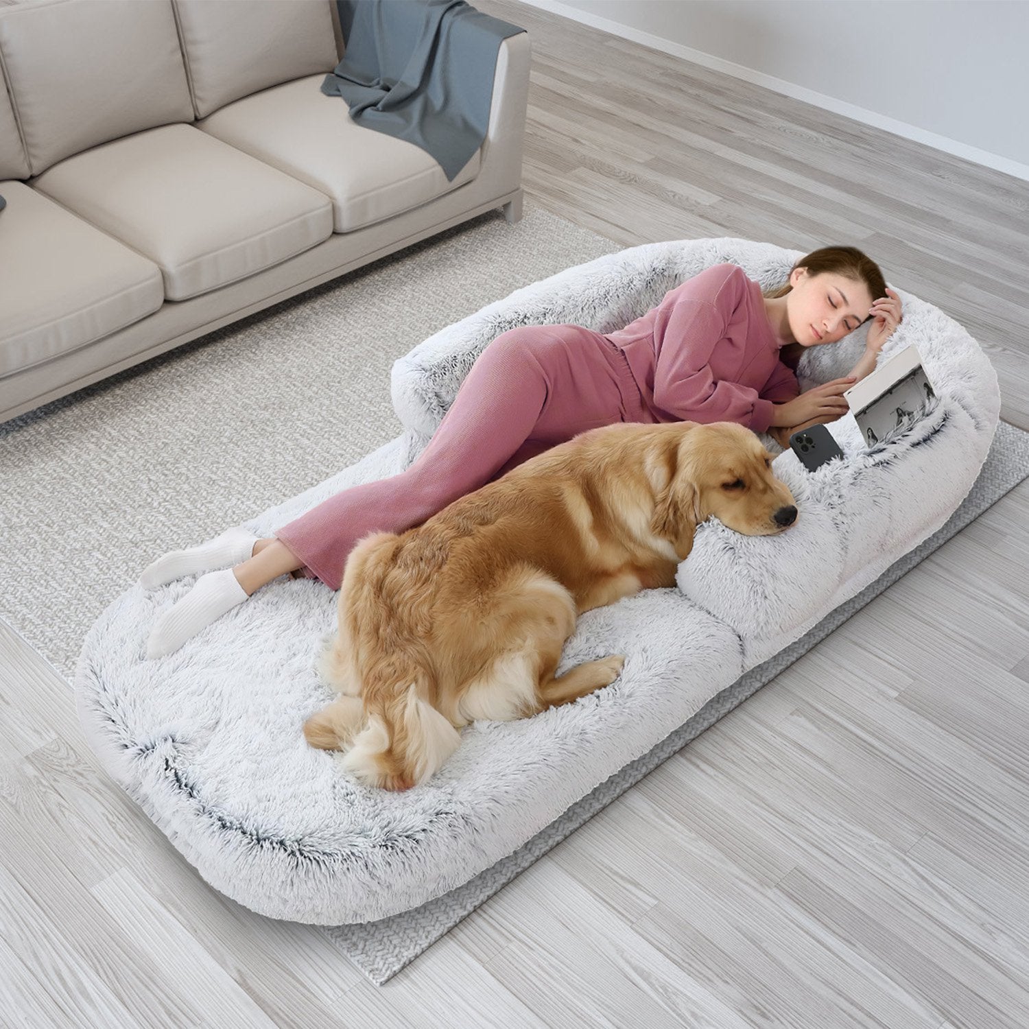 1Pc Large Foldable Human Size Dog Bed With Pillow Blanket Flurry Plush Napping Human-Sized Dog Bed Machine Washable Zipped Removable Cover For Pets Kids Adults Grey 71x45x10in